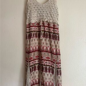 Crochet Bodice Maxi Dress in Cream and Pink Pattern Boho Hippie Festival